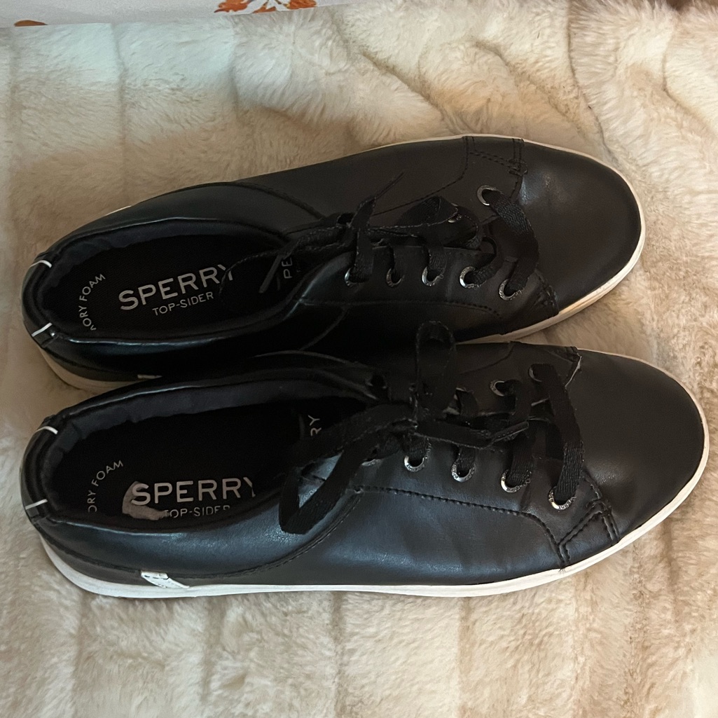 Sperry Womens 7 Smooth Vulcanized Black Leather School Nautical Preppy Sneakers
